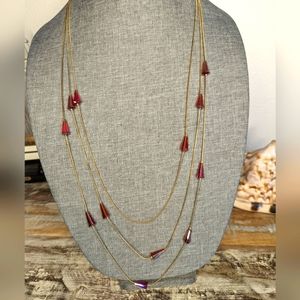 Triple strand gold tone iridescent glass bead necklace